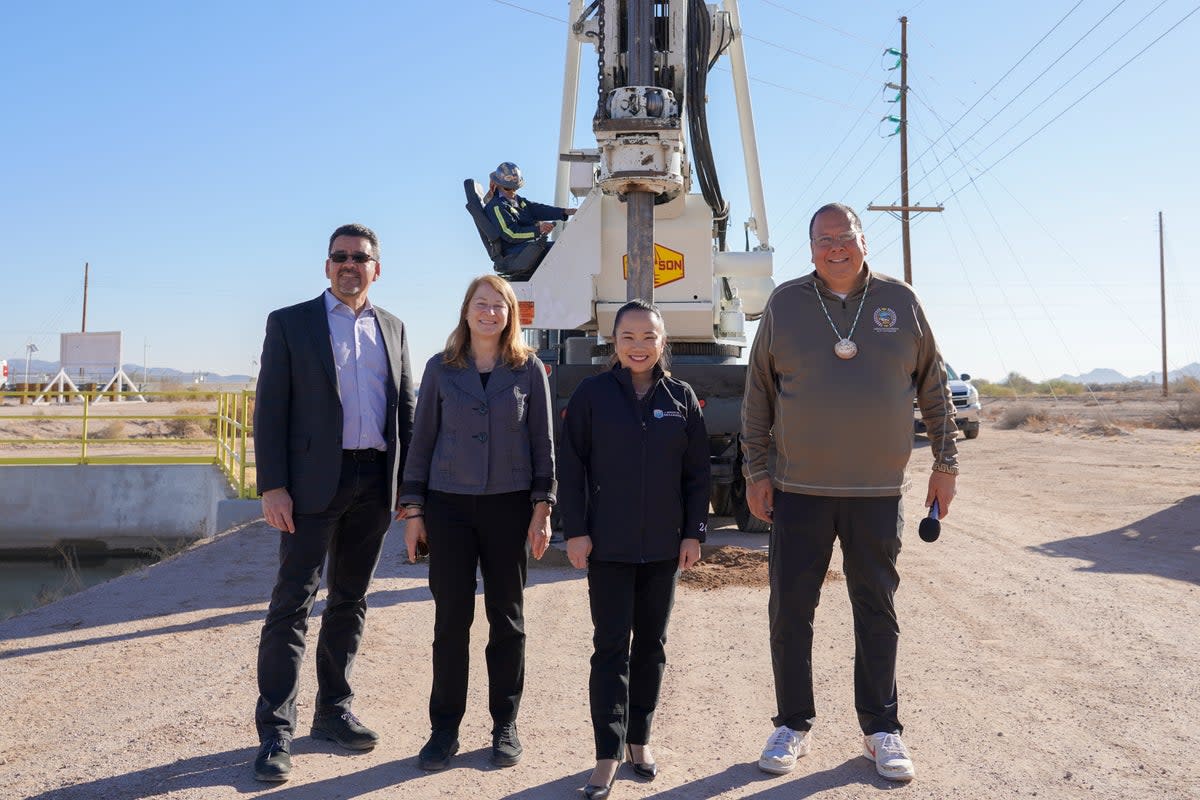 At the 8 December ground-breaking ceremony, Gila River Indian Community Governor Stephen Lewis (right) stands with Bureau of Reclamation Commissioner Camille Touton, Acting Principal Deputy Secretary of the Interior Laura Daniel-Davis and USACE Assistant Secretary of Civil Works Michael Connor. (Gila River Indian Community)