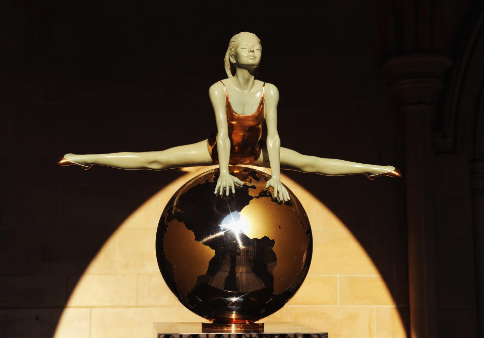 A gymnast sculpted by artist Eleanor Cardozo stands at the front of St Margaret's Church, Westminster Abbey on July 22, 2012 in London, England. (Photo by Mike Hewitt/Getty Images)