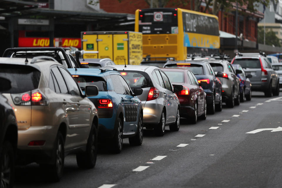 Cars and buses sit in traffic on Military Road during the morning commute in Sydney, Australia, on Monday, May 25, 2020.