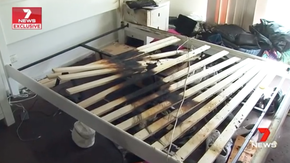 There wasn’t much left of the bed after an electric blanket set it alight. Source: 7 News