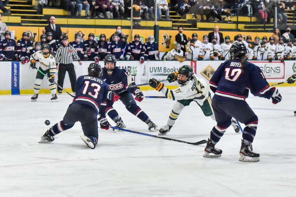 UVM's Theresa Schafzahl's shot is blocked by UConn's Chloe Gonsalves during the Catamounts' Hockey East semifinal game vs the Huskies at Gutterson Fieldhouse.