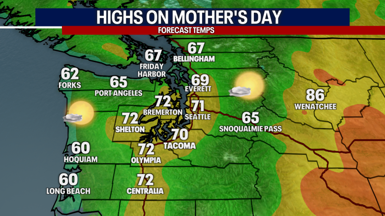 <div>Temperatures range in the upper 60s to low 70s around Puget Sound on Mother's Day.</div> <strong>(FOX 13 Seattle)</strong>