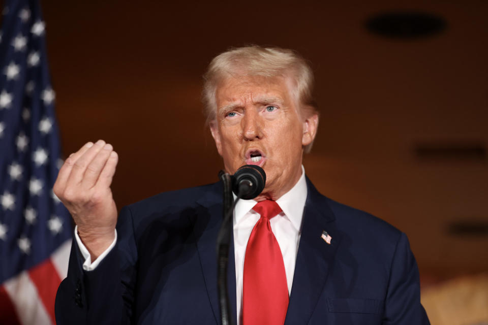 LAS VEGAS, NEVADA - AUGUST 23: Republican Presidential candidate, former U.S. president, Donald Trump speaks at II Toro E La Capra on August 23, 2024 in Las Vegas, Nevada. The event focused on Trump’s proposed policy to eliminate taxes on tips for service industry employees.  (Photo by Ian Maule/Getty Images)