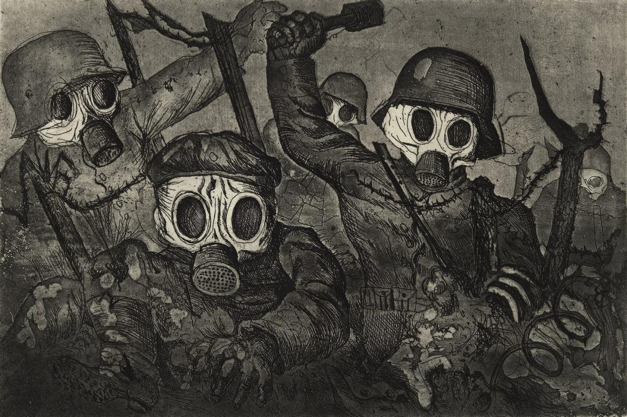 <span class="caption">'Tropas de asalto avanzando bajo un ataque de gas', Otto Dix, 1924</span> <span class="attribution"><a class="link " href="https://www.artbasel.com/catalog/artwork/18485/Otto-Dix-Sturmtruppe-geht-unter-Gas-vor" rel="nofollow noopener" target="_blank" data-ylk="slk:Art Basel;elm:context_link;itc:0;sec:content-canvas">Art Basel</a></span>