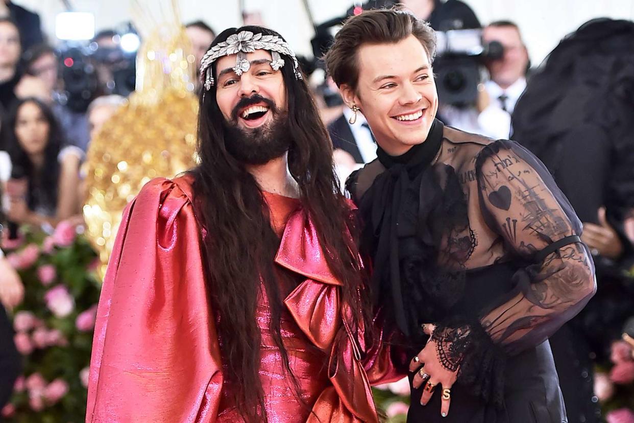 <p>Theo Wargo/WireImage</p> Alessandro Michele and Harry Styles at 2019 Met Gala