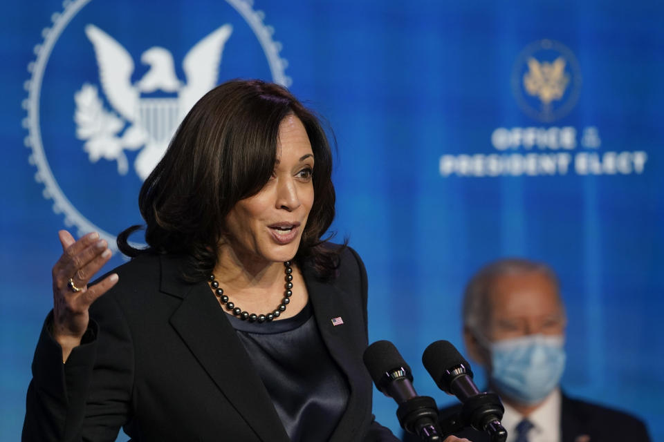 Vice President-elect Kamala Harris speaks during an event at The Queen theater in Wilmington, Del., Thursday, Jan. 7, 2021, to announce key nominees for the Justice Department. (AP Photo/Susan Walsh)