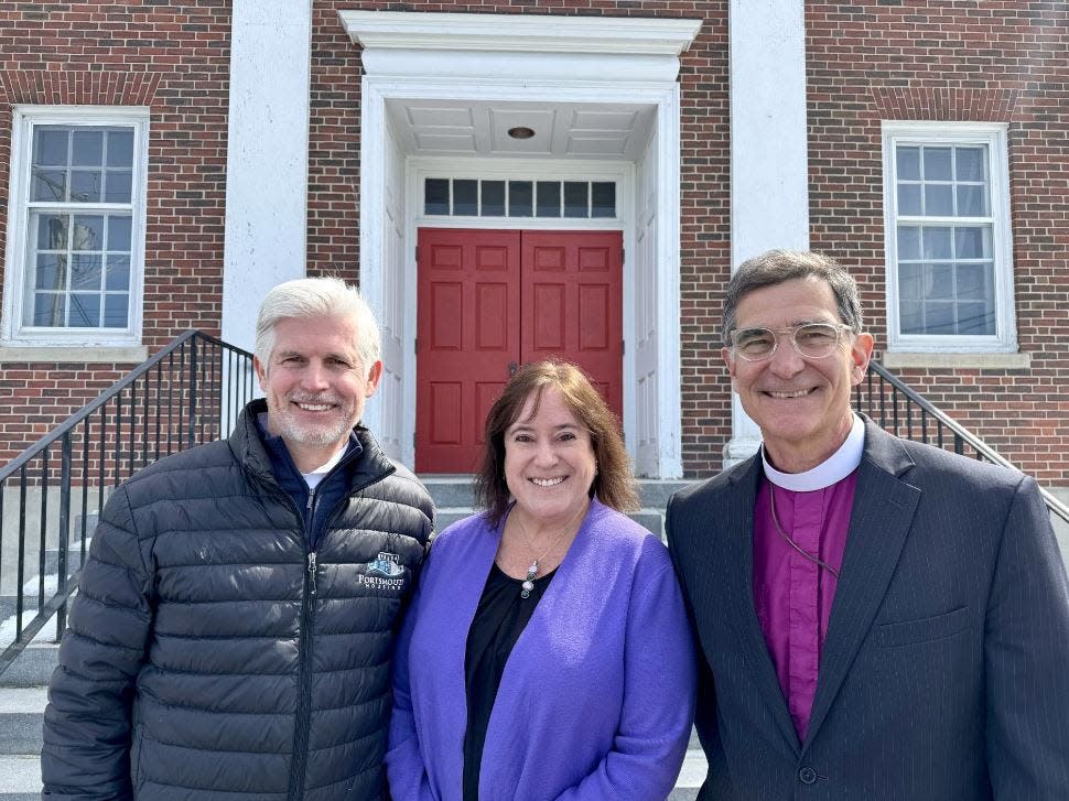 PHA Executive Director Craig Welch, HAVEN Executive Director Kathy Beebe, NH Episcopal Bishop Rob Hirschfeld stand outside of Christ Episcopal Church on Lafayette Road in Portsmouth