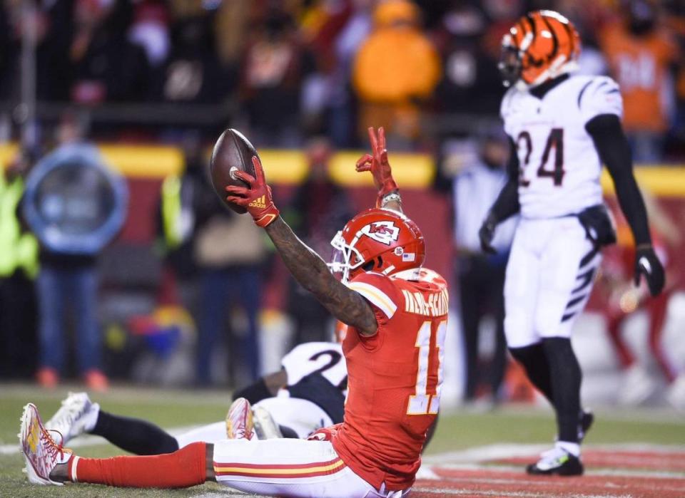 Kansas City Chiefs wide receiver Marquez Valdes-Scantling celebrates after catching a pass for a touchdown in the third quarter against the Cincinnati Bengals during the AFC Championship Game Sunday, Jan. 29, 2023, at GEHA Field at Arrowhead Stadium.