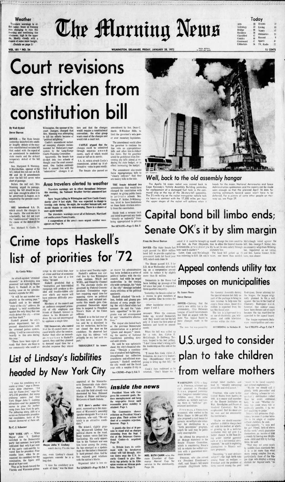 The front page of The Morning News from Jan. 28, 1972.