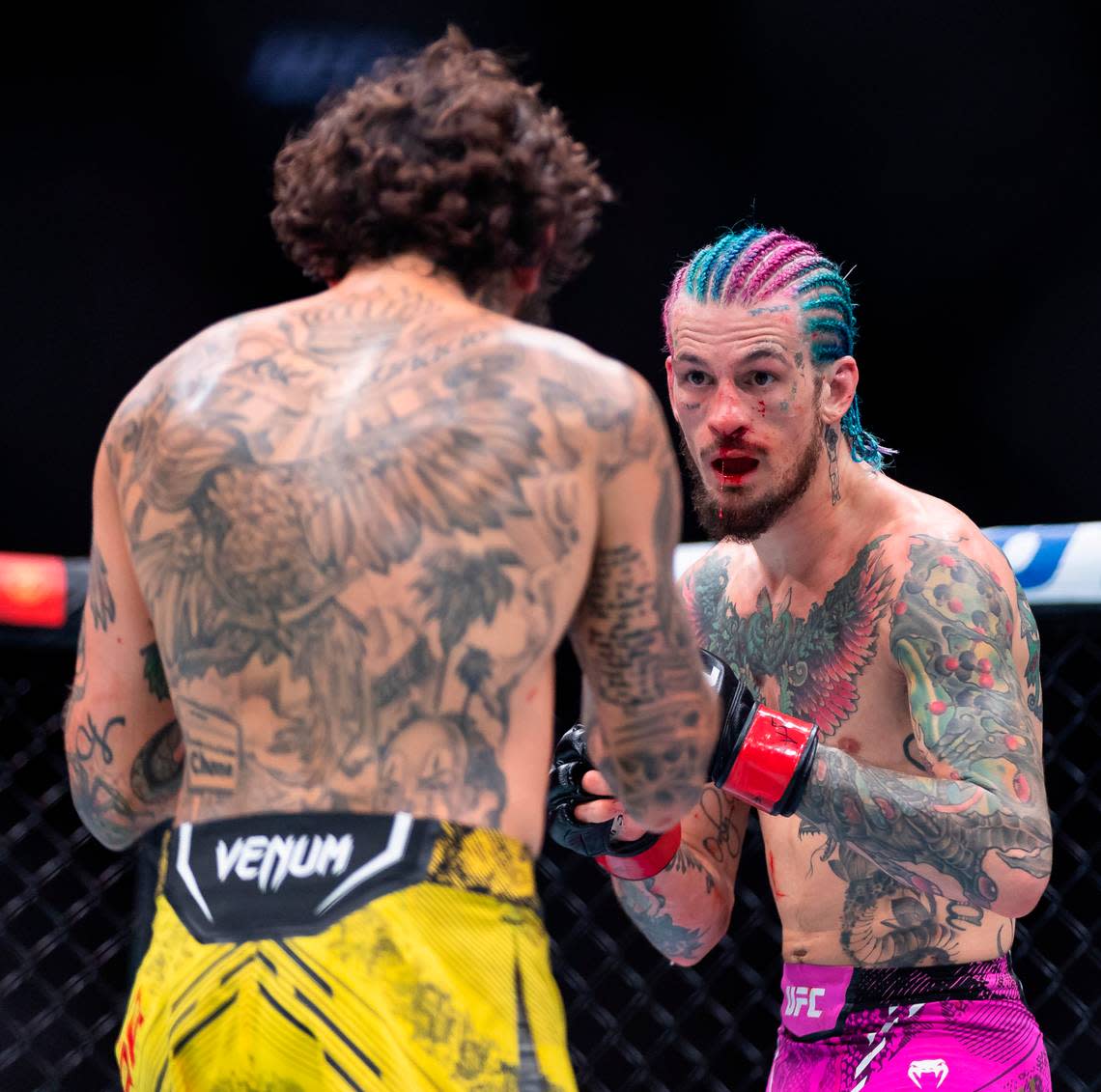 Sean O’Malley of the United States fights against Marlon Vera of Ecuador during their bantamweight title match during the UFC 299 event at the Kaseya Center on Saturday, March 9, 2024, in downtown Miami, Fla.