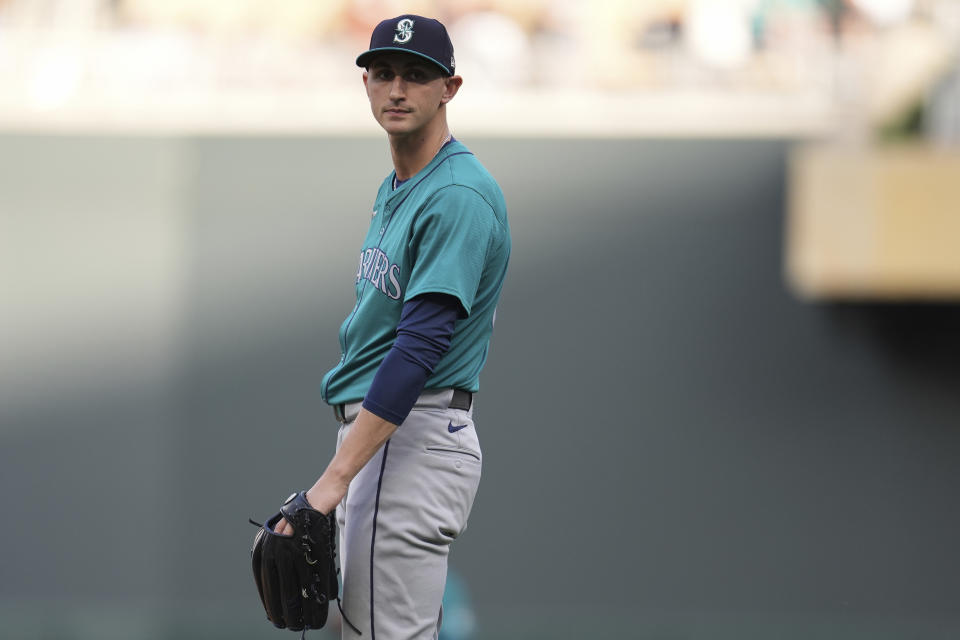 Seattle Mariners starting pitcher George Kirby stands on the mound after a solo home run by Minnesota Twins' Trevor Larnach during the first inning of a baseball game Wednesday, May 8, 2024, in Minneapolis. (AP Photo/Abbie Parr)