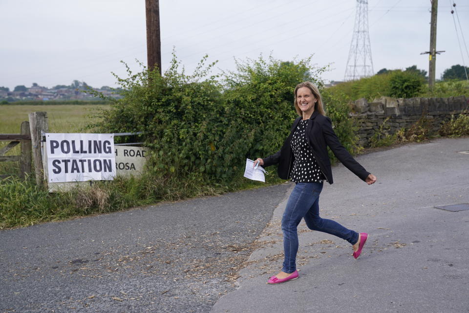 <p>Labour party candidate Kim Leadbeater arrives to cast her vote in the West Yorkshire constituency of Batley and Spen which her older sister represented before she was killed by a far-right terrorist in 2016. Picture date: Thursday July 1, 2021.</p>
