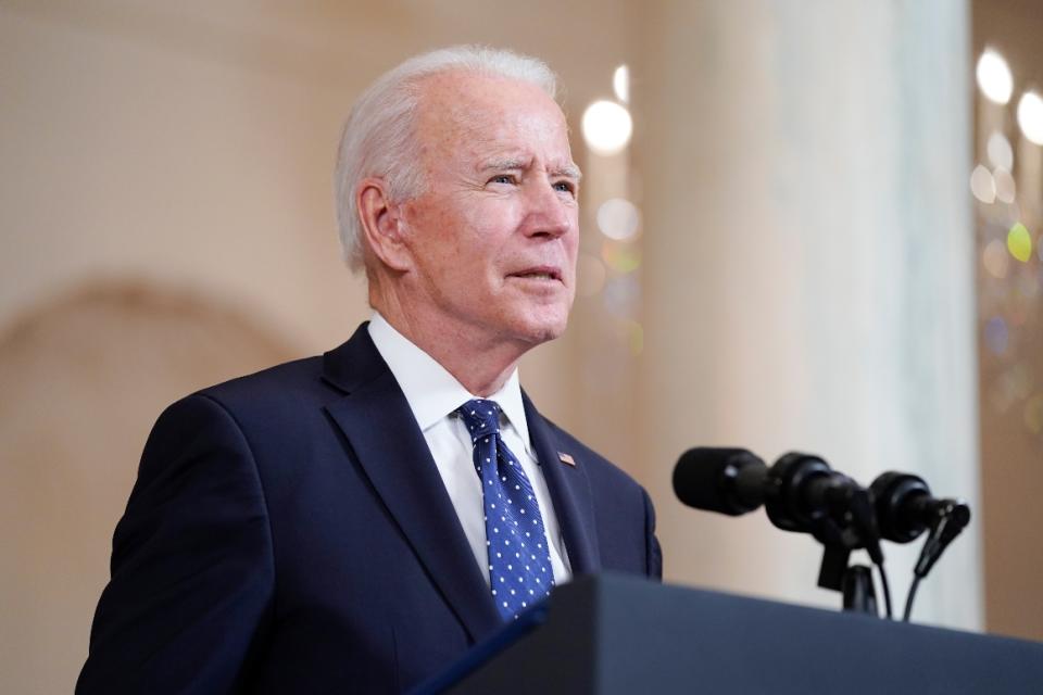 President Joe Biden speaks Tuesday, April 20, 2021, at the White House in Washington. 