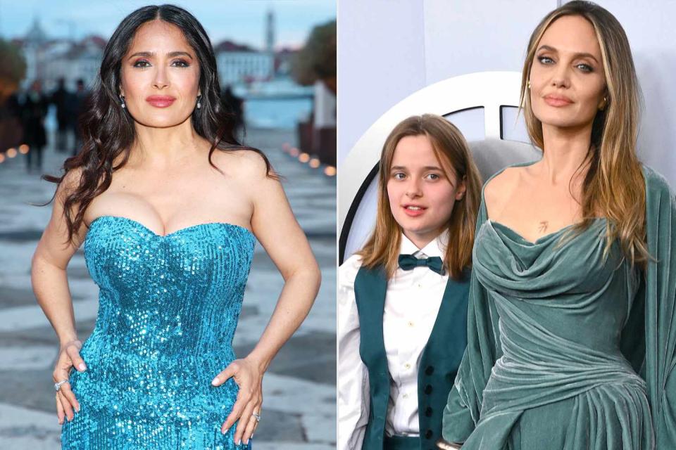 <p>Daniele Venturelli/Getty; ANGELA WEISS/AFP via Getty </p> From left: Salma Hayek; Vivienne and Angelina Jolie