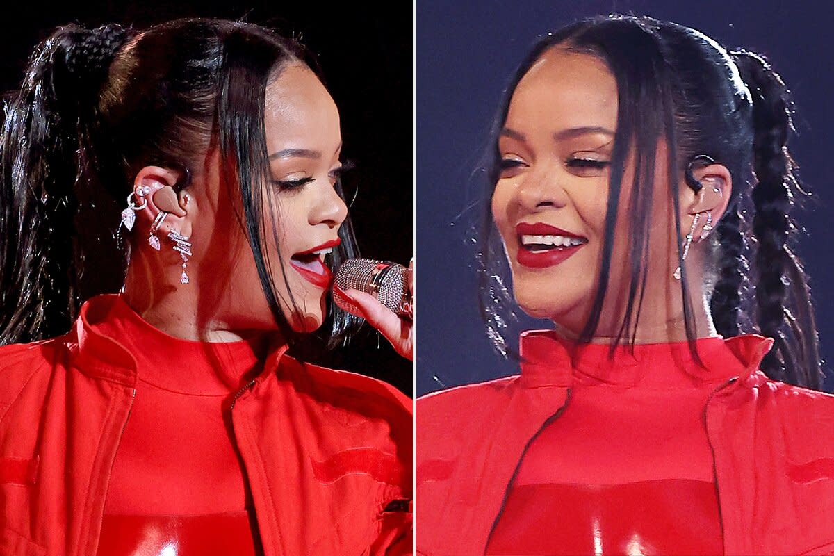 Rihanna performs onstage during the Apple Music Super Bowl LVII Halftime Show at State Farm Stadium on February 12, 2023