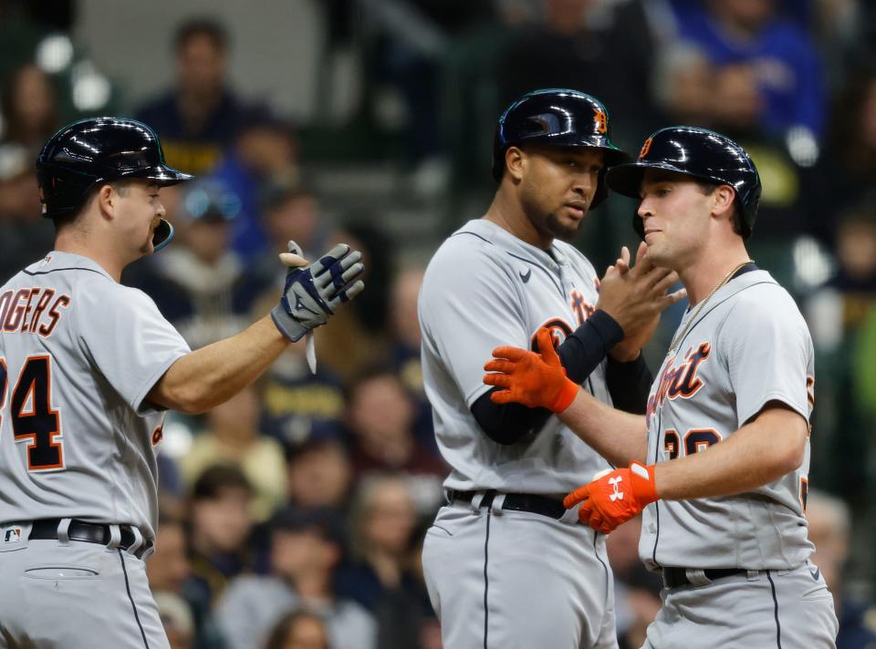Detroit Tigers&#39; Kerry Carpenter (30) is congratulated three-run home run against the Milwaukee Brewers during the second inning at American Family Field in Milwaukee on Tuesday, April 25, 2023.
