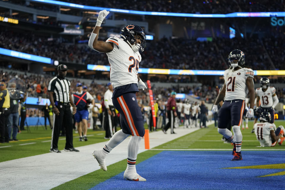 Chicago Bears running back Darrynton Evans celebrates after scoring a touchdown during the first half of an NFL football game against the Los Angeles Chargers, Sunday, Oct. 29, 2023, in Inglewood, Calif. (AP Photo/Ashley Landis)