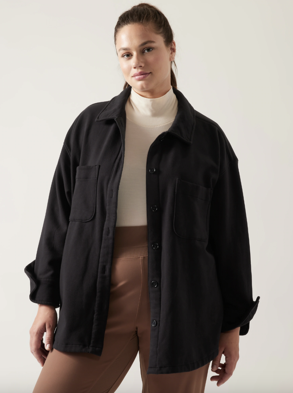 Retroplush Shirt Jacket in black (Photo via Athleta)