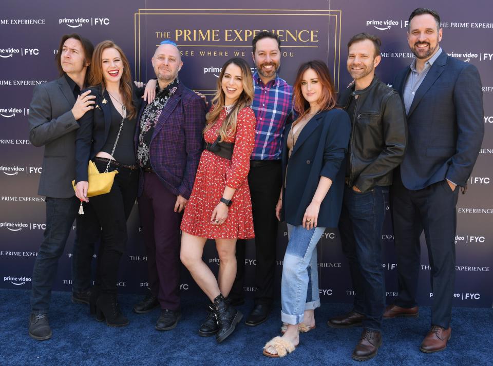 (L-R) Matthew Mercer, Marisha Ray, Taliesin Jaffe, Laura Bailey, Sam Riegel, Ashley Johnson, Liam O'Brien and Travis Willingham attend The Prime Experience: Saturday Morning Cartoons Ft. "The Boys Presents: Diabolical", "Fairfax" & "The Legend of Vox Machina" on May 07, 2022 in Beverly Hills, California.