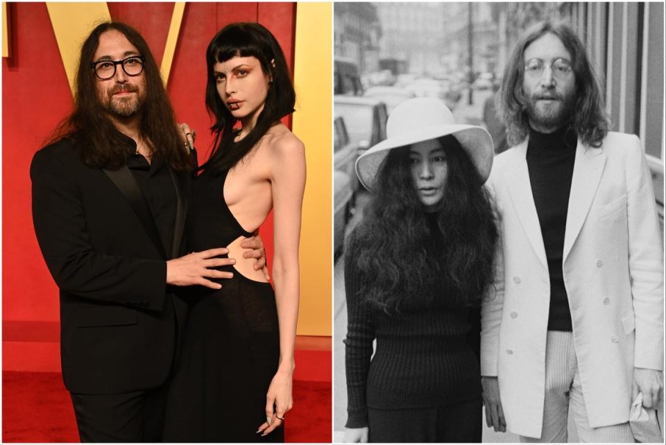 Sean Lennon, left, with his girlfriend Charlotte Kemp Ruhl, and his late father, John, with Yoko Ono (Getty)