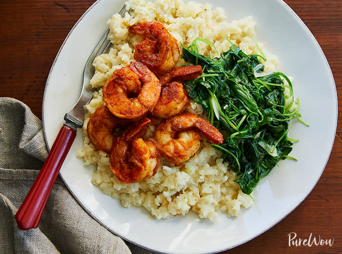 Shrimp with Cauliflower "Grits" and Arugula