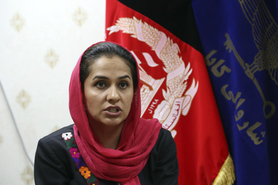 In this Oct. 15, 2019 photo, Nargis Mohmand, Kabul Municipality's spokeswoman, gives an interview to The Associated Press in Kabul, Afghanistan. Kabul, a city of some 6 million, has become one of the most polluted cities in the world, as decades of war have wrecked infrastructure and caused waves of displaced people. Authorities are trying to tackle pollution in the country’s capital, which may be even deadlier than 18-year-old war. (AP Photo/Rahmat Gul)