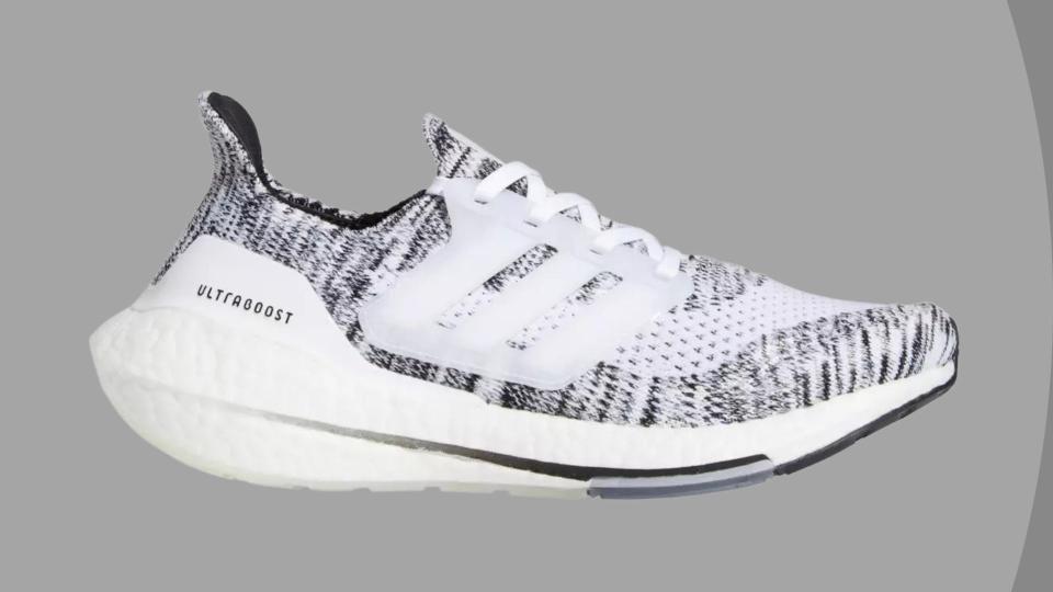 Black and white striped Adidas shoe