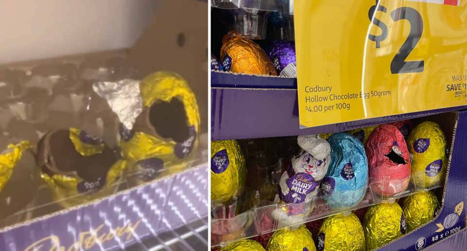 Chocolate Easter eggs and bunnies broken open with pieces missing in the supermarket. 