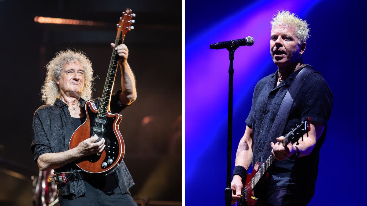  Left - Brian May of Queen performs at Chase Center on November 08, 2023 in San Francisco, California;Right - Dexter Holland of The Offspring performs live on stage during day on of Lollapalooza Brazil at Autodromo de Interlagos on March 22, 2024 in Sao Paulo, Brazil. 