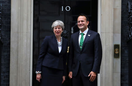 Britain's Prime Minister Theresa May welcomes Ireland's Taoiseach Leo Varadkar to Downing Street in London, September 25, 2017. REUTERS/Hannah McKay