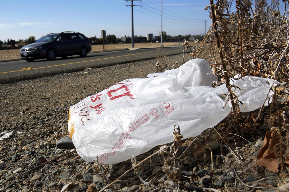 FILE - In this Oct. 25, 2013, file photo, a plastic bag sits along a roadside in Sacramento, Calif. California in 2014 enacted the nation's first ban on single-use plastic shopping bags. But in 2022, state Attorney General Rob Bonta says consumers who think they're helping the environment with reusable plastic bags had better think again. He says manufacturers can't back up their claim that the thicker, more durable bags are recyclable in California. (AP Photo/Rich Pedroncelli, File)