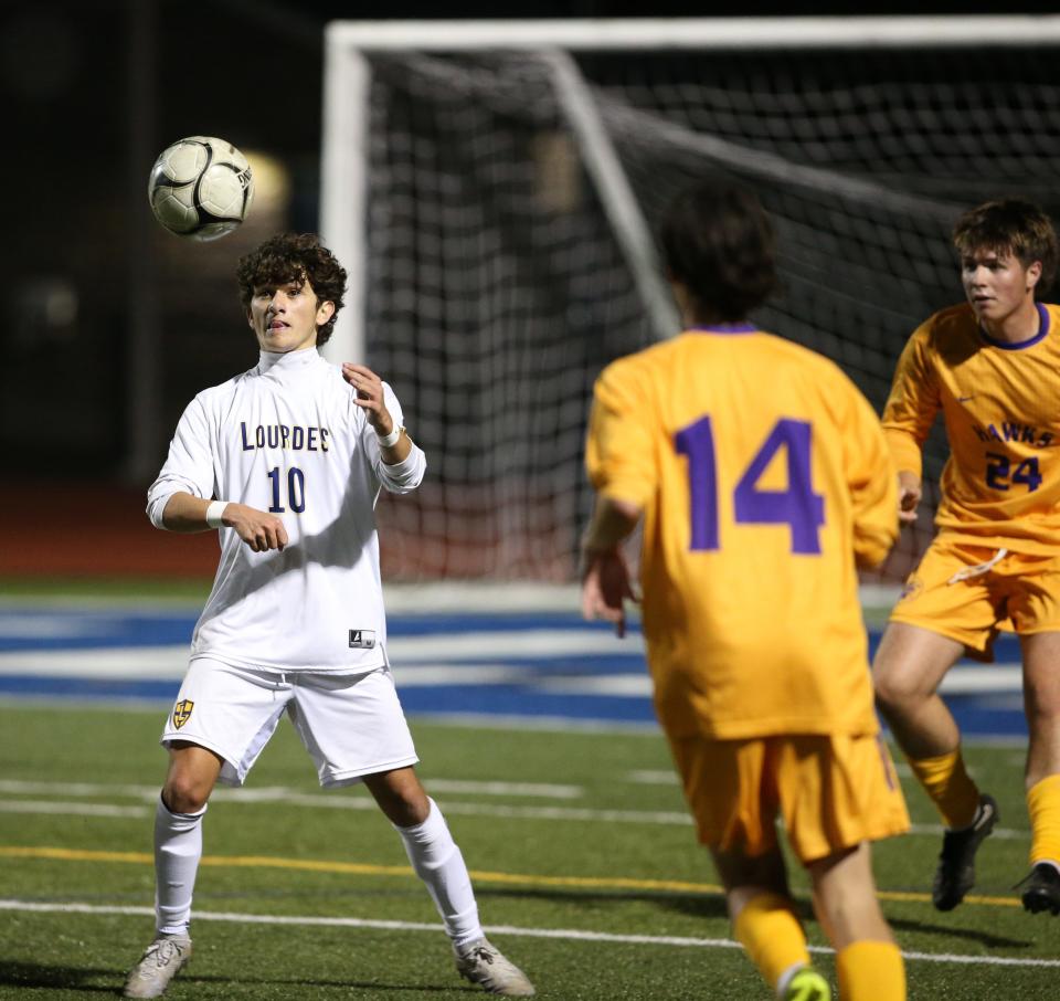 Lourdes' Evan Cancro (left) traps a ball in the MHAL final in October.