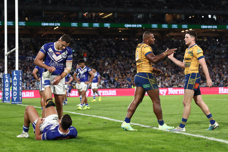 SYDNEY, AUSTRALIA - JUNE 12:  Maika Sivo of the Eels celebrates with Mitchell Moses of the Eels after scoring a try during the round 15 NRL match between Canterbury Bulldogs and Parramatta Eels at Accor Stadium on June 12, 2023 in Sydney, Australia. (Photo by Matt King/Getty Images)