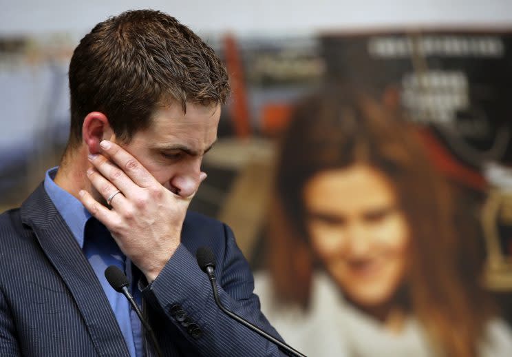 Brendan Cox, widower of murdered British MP Jo Cox, makes a speech during a gathering to celebrate her life, in Trafalgar Square, London on June 22, 2016. (AP Photo/Alastair Grant)