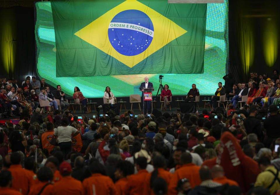 Former Brazilian President Luiz Inacio Lula da Silva speaks during the announcement of his candidacy for the country’s upcoming presidential election, in Sao Paulo, Brazil, Saturday, May 7, 2022. Brazil's general elections are scheduled for Oct. 2, 2022. (AP Photo/Andre Penner)