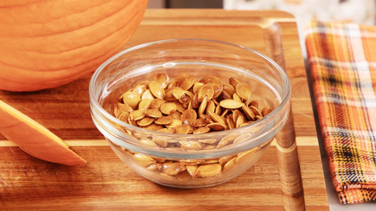 Roasted pumpkin seeds can make a tasty snack.