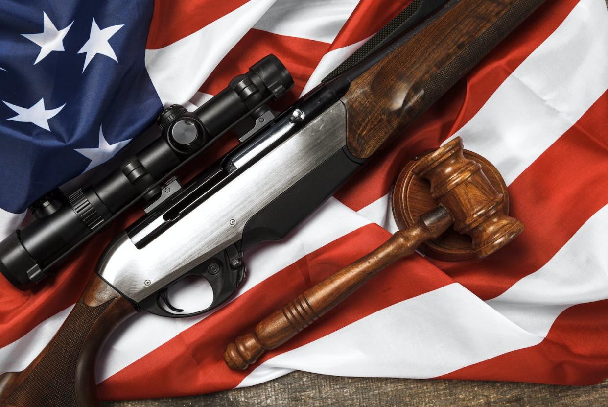 Will the federal law prohibiting the possession of firearms by someone subject to a domestic violence restraining order survive? <a href="https://www.gettyimages.com/detail/photo/wooden-judge-gavel-and-hunting-rifle-over-usa-flag-royalty-free-image/1321809033?phrase=guns+supreme+court&adppopup=true" rel="nofollow noopener" target="_blank" data-ylk="slk:iStock / Getty Images Plus;elm:context_link;itc:0;sec:content-canvas" class="link "> iStock / Getty Images Plus</a>