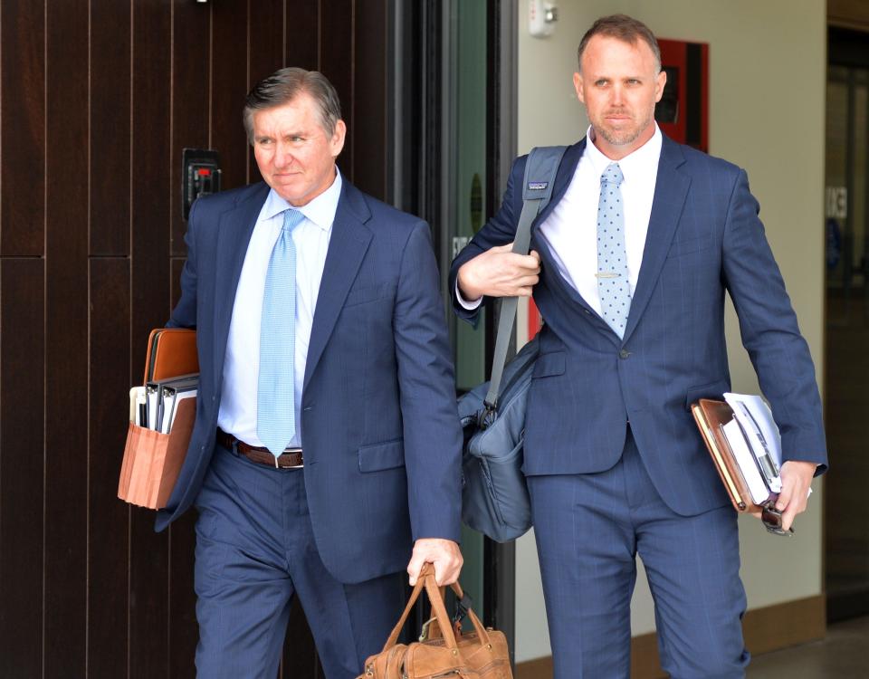 Greg Anderson and Nick Whitney, attorneys for the the Kowalski family, leave the South County Courthouse in Venice, Florida, after the first day of the Kowalski's civil lawsuit against Johns Hopkins All Children's Hospital on Thursday Sept. 21, 2023.