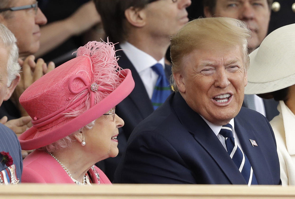 Queen Elizabeth II and President Donald Trump attend an event to mark the 75th anniversary of D-Day in Portsmouth, England Wednesday, June 5, 2019. World leaders including U.S. President Donald Trump are gathering Wednesday on the south coast of England to mark the 75th anniversary of the D-Day landings. (AP Photo/Matt Dunham)