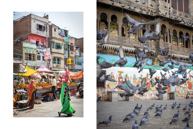 <p>Aparna Jayakumar</p> From left: Fruit stalls at a street market in Udaipur; pigeons at Gangaur Ghat, at the edge of Udaipur's Lake Pichola.