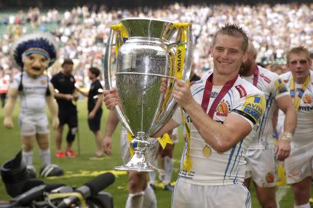 Britain Rugby Union - Wasps v Exeter Chiefs - Aviva Premiership Final - Twickenham Stadium, London, England - 27/5/17 Exeter's Gareth Steenson celebrates with the trophy after victory Action Images via Reuters / Henry Browne Livepic