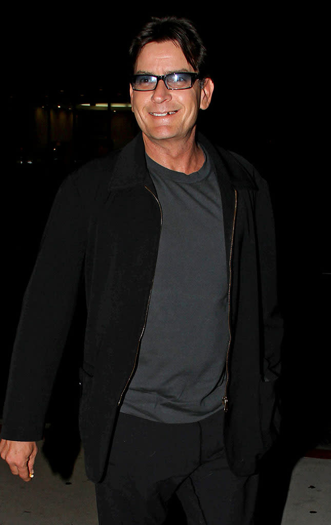 Charlie Sheen masked that devilish twinkle he always has in his eyes with tinted glasses while grabbing dinner in Los Angeles in April. In his 1989 movie "Major League," the actor memorably played a pro baseball pitcher who wore glasses with a silver skull on the front and a lightning bolt on the side. His real-life look is definitely less flashy.