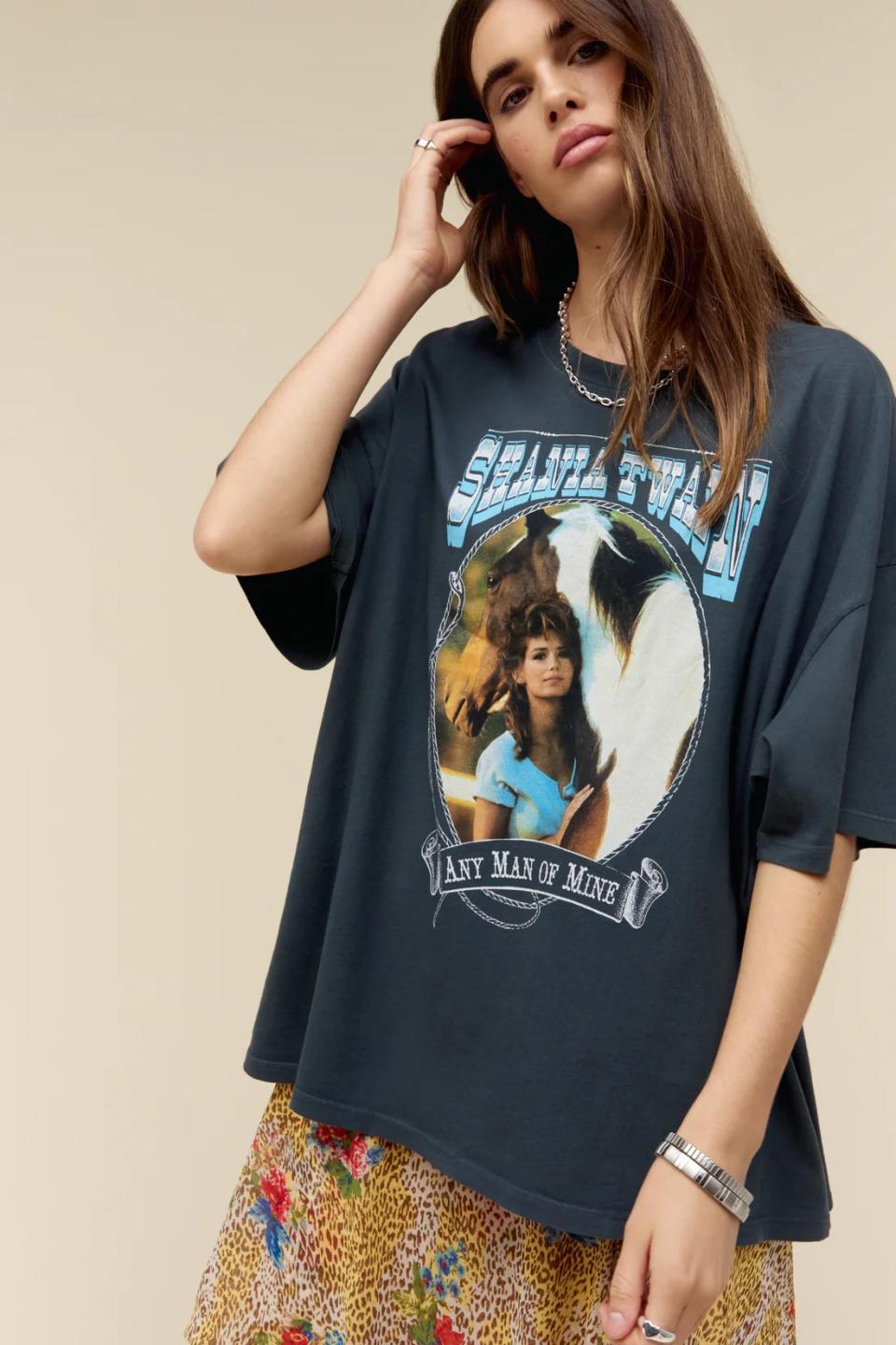 model wearing oversized Shania Twain graphic t-shirt
