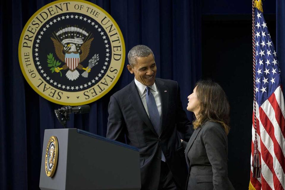 President Barack Obama is introduced by Julie Chavez Rodriguez before the screening of the film 'Cesar Chavez', Wednesday, March 19, 2014, in the Old Executive Office Building on the White House Complex in Washington. Rodriguez is granddaughter of the Mexican-American labor leader Chavez and currently works in the Obama Administration as Deputy Director of Public Engagement. (AP Photo/Pablo Martinez Monsivais)