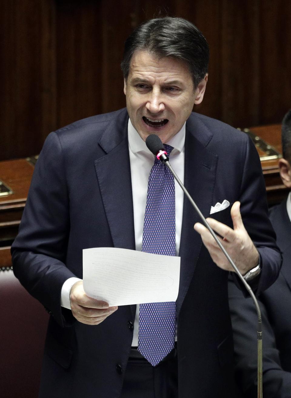 Italian Premier Giuseppe Conte addresses parliament ahead of confidence vote later at the Lower Chamber in Rome, Monday, Sept. 9, 2019. Conte is pitching for support in Parliament for his new left-leaning coalition ahead of crucial confidence votes. (AP Photo/Andrew Medichini)