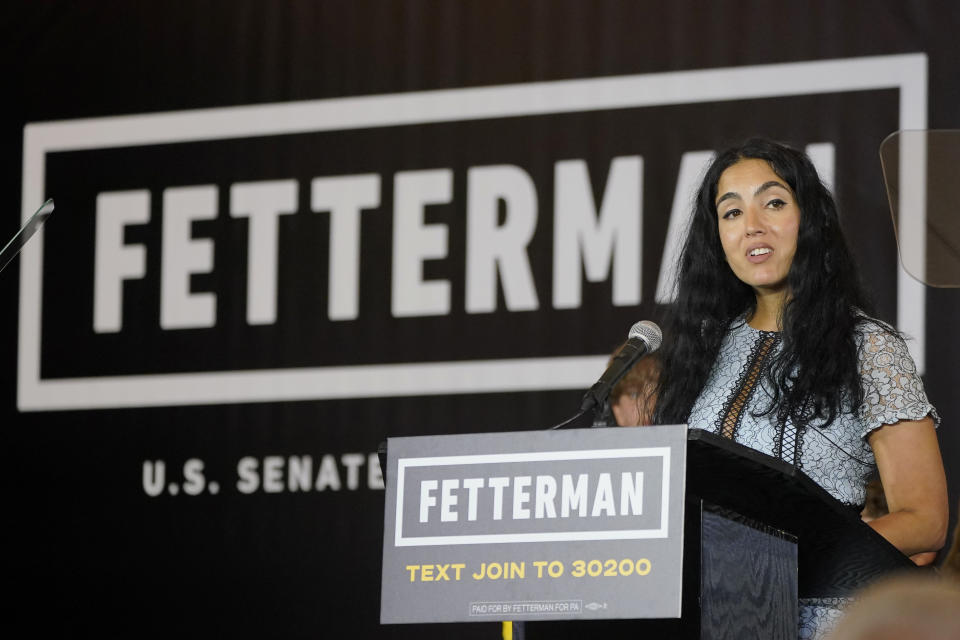 Gisele Barreto Fetterman, the wife of Pennsylvania Lt. Gov. John Fetterman, who is running for the Democratic nomination for the U.S. Senate for Pennsylvania, speaks to supporters after the race was called for Fetterman in Imperial, Pa., Tuesday, May 17, 2022. (AP Photo/Gene J. Puskar)