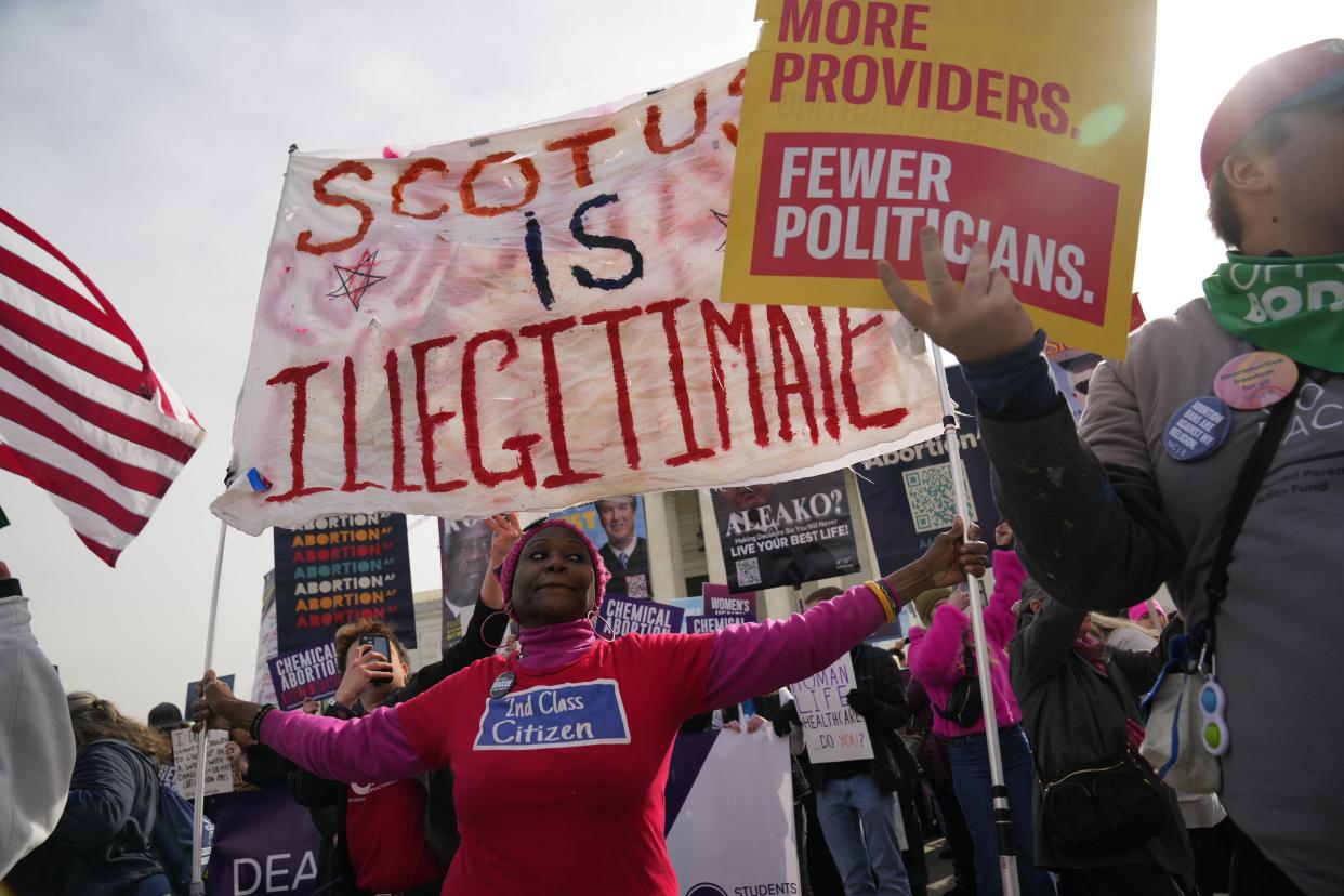 Protestors gather outside The Supreme Court on March 26, 2024, as the court hears oral arguments over access to mifepristone, a drug used in medication abortions. The court's decision, expected by the end of June, will land smack in the middle of an election year.