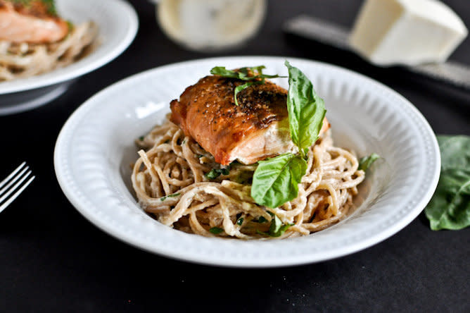 <strong>Get the <a href="http://www.howsweeteats.com/2012/04/30-minute-crispy-salmon-with-creamy-basil-noodles/" target="_blank">Crispy Salmon with Whole Wheat Basil Noodles recipe</a> by How Sweet It Is</strong>