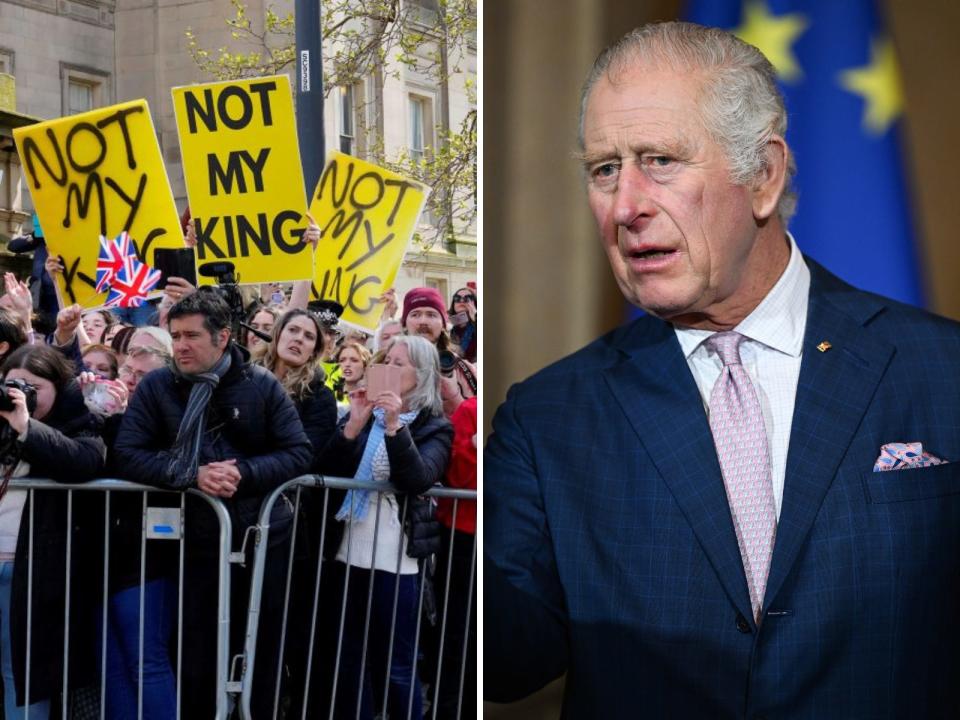 Left: Protesters hold yellow "Not My King" signs. Right: King Charles III.