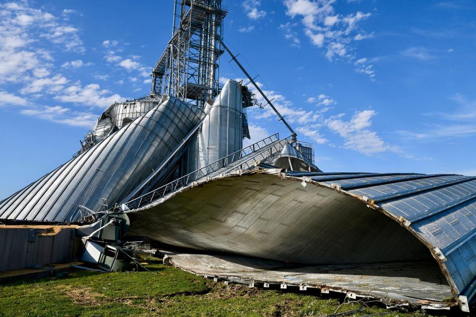 The August 2020 derecho destroyed these grain bins at an elevator in Luther.